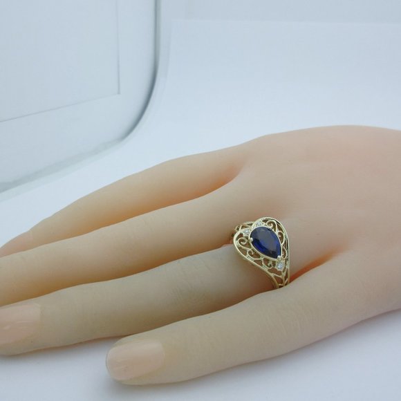14k Blue Sapphire Diamond Ring Natural Pear Jewelry Filigree Sophia Fiori 6 1/2 - Picture 4 of 9